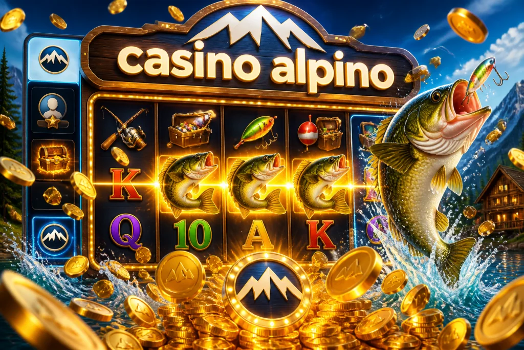 Slot Alpino Casinò a tema pesca con una linea vincente e una cascata di monete d'oro