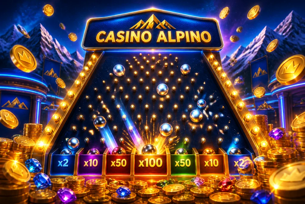 Tavolo Plinko con piramide di pioli illuminati e palline che cadono nelle caselle dei moltiplicatori
