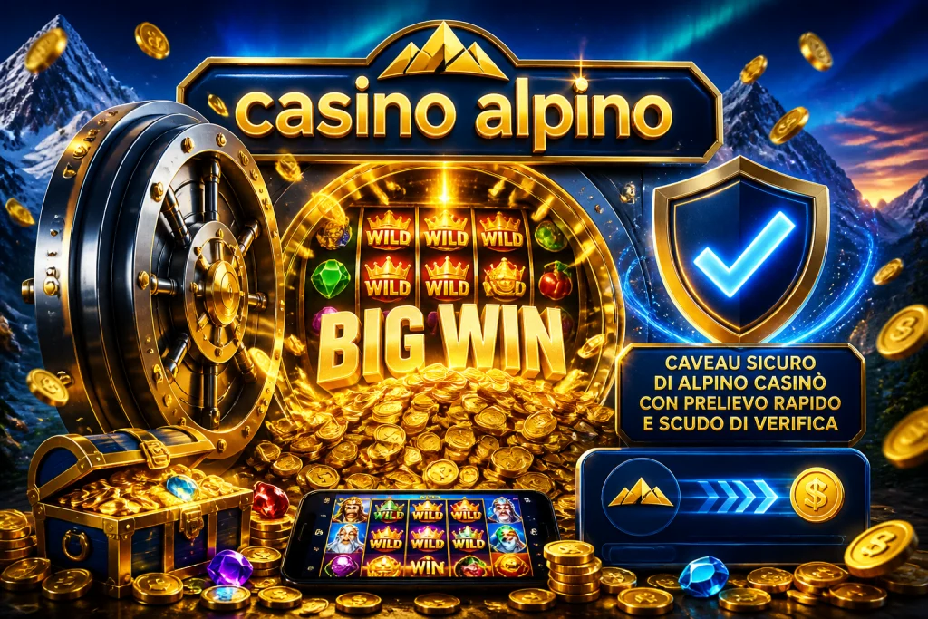 Cassaforte di Alpino Casinò con flusso di monete in uscita e uno scudo di verifica luminoso, simbolo di accesso sicuro al conto
